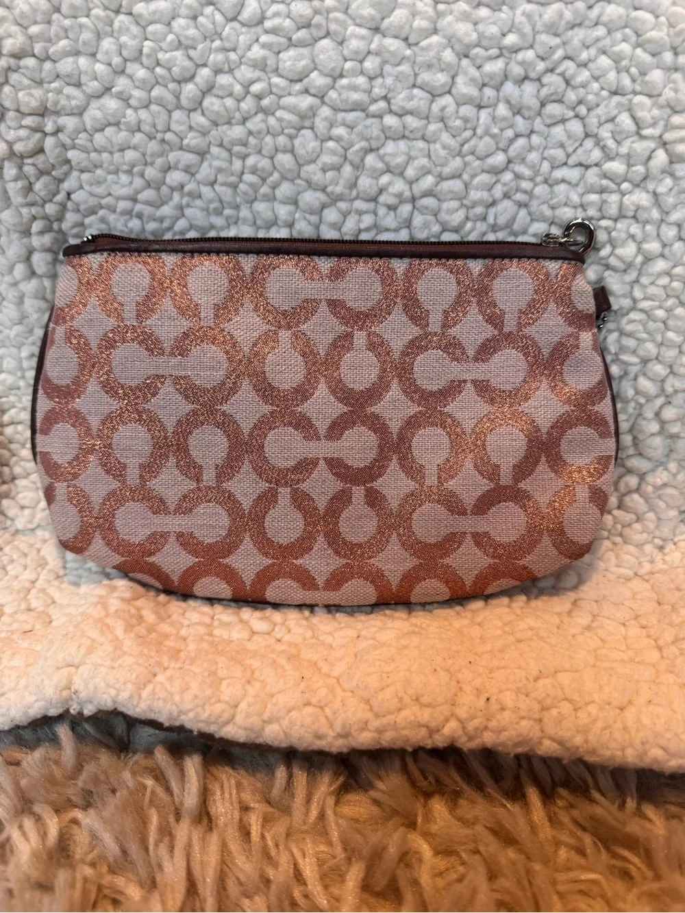 Coach Rose Pink Signature Wristlet with Brown Trim